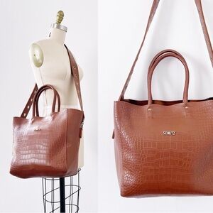 SCHUTZ • Crocodile-Embossed Tote Bag large grommet crossbody strap Dark Caramel
